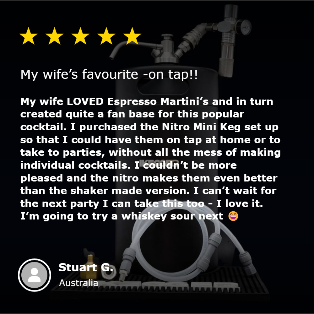 iKegger mini keg review "I purchased so I could have them on tap, without all the mess of making individual cocktails. I couldn't be more pleased, and the nitro makes them even better than the shaker made versions" Stuart G.